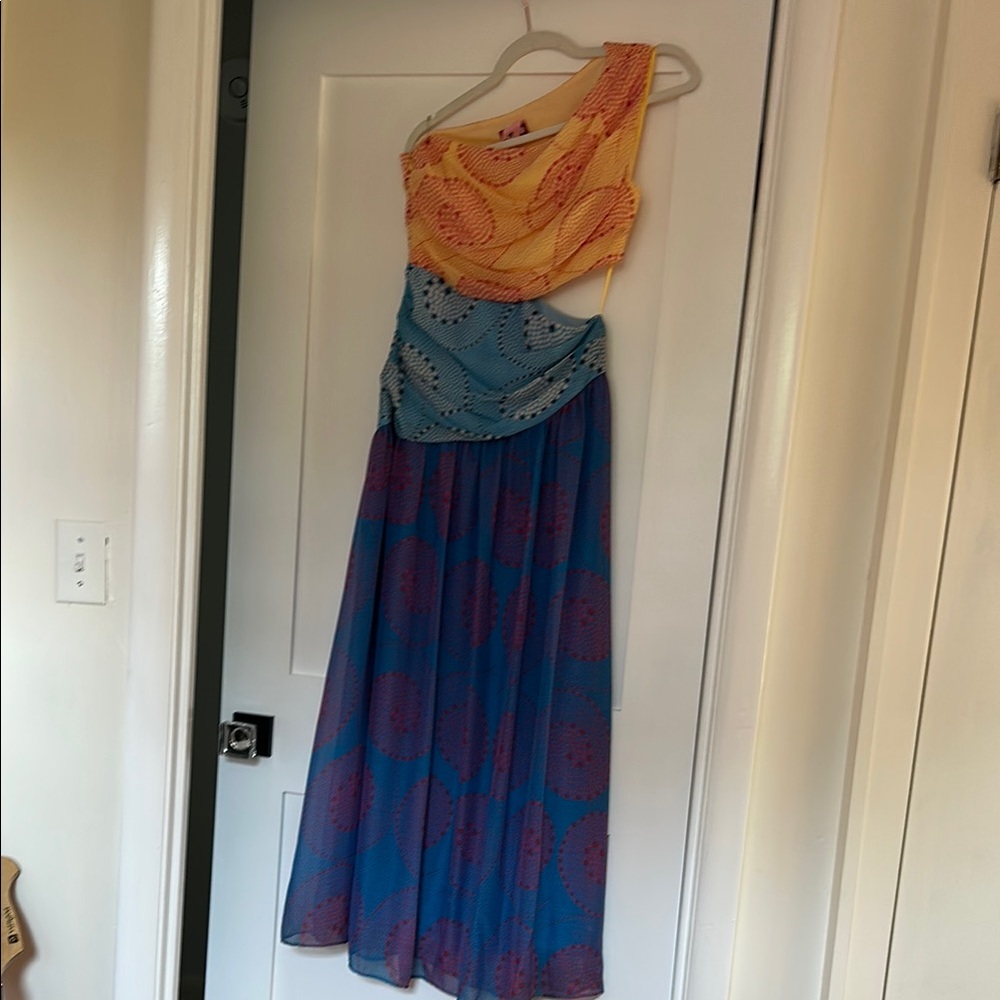 STAUD Asymmetrical Dress in Yellow and Blue